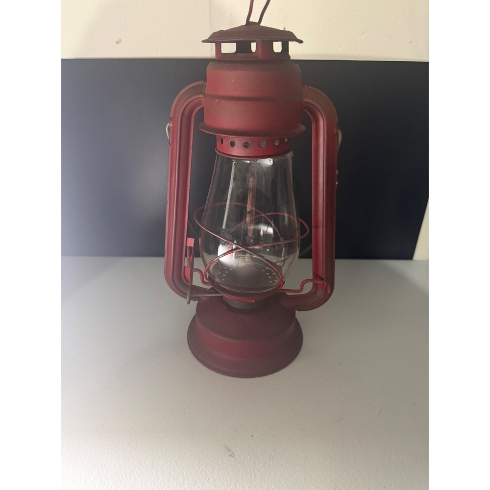 Vintage Red Metal Hurricane Lantern Made in Hong Kong Rustic Farmhouse Decor